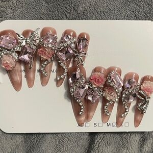 Embellished Pink Rhinestone Stiletto Press-On Nails